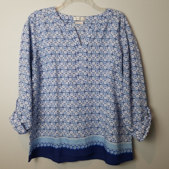 Van Heusen Blue Geometric roll tab Blouse - Picture 1 of 6